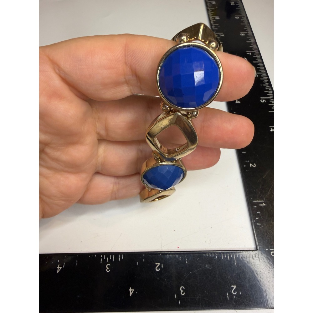 Gold Tone Cobalt Blue Faceted Stone Geometric Link Stretch Statement Bracelet